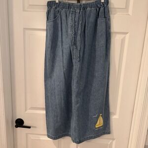 Quacker Factory Blue Denim Skirt Sailboat Applique Womens Size L‎ Nautical
